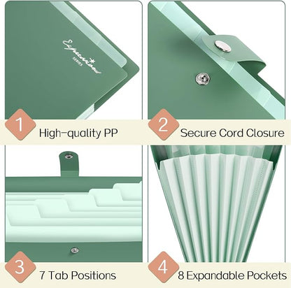 Sooez Elegant Accordion File Organizer, 8 Pocket Expanding File Folders with Labels, Portable Folder for Documents, Cute Paper Organizer for School Office Supplies, Letter Size, Light Green