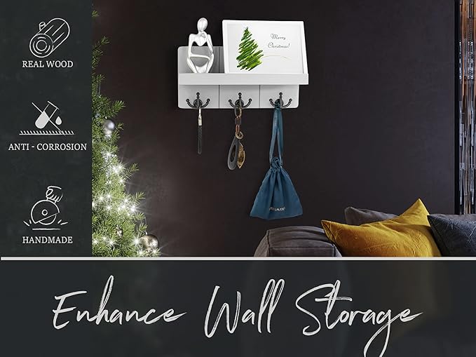 Rebee Vision Decorative Key Holder for Wall: Stylish Farmhouse Mail Organizer Wall Mount with Floating Shelf and 3 Anchor Key Hooks - Rustic Home Decor for Entryway (Light Gray)
