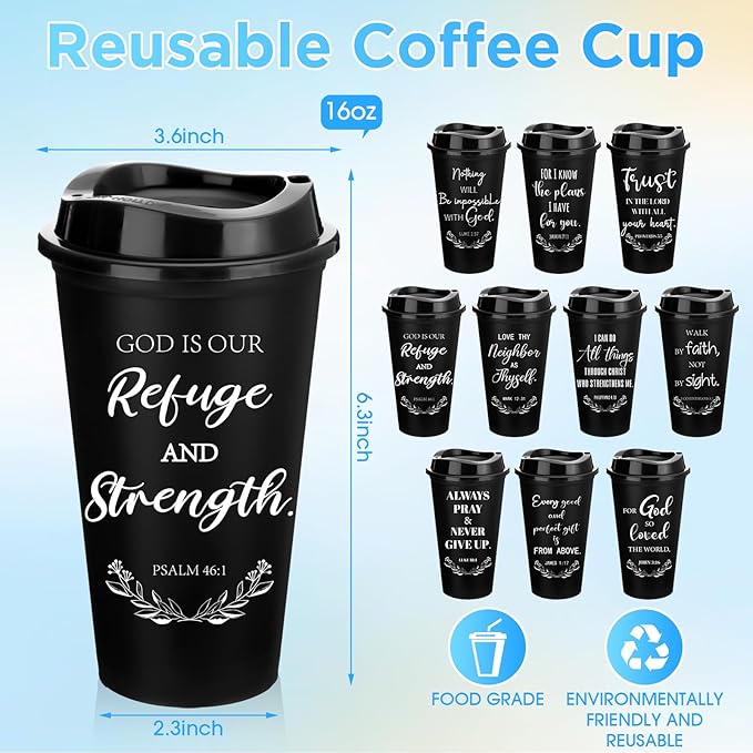 Skylety 20 Pack Christian Gifts for Men Women 16oz Reusable Bible Verse Tumbler Bulk Plastic Coffee Cups with Lids Inspirational Religious Church Gifts for Valentine Easter Birthday (Black)