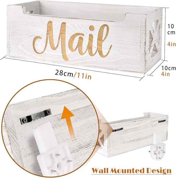 Mail Holder Countertop - Mail Organizer Countertop, Mail Holder Box for Desk, Letter Holder, Mail Tray, Mail Basket for Counter, Rustic Wooden Mail Storage Organizer Wall Mounted