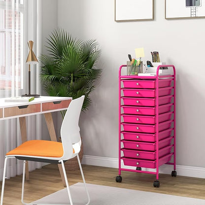 OFFICEJOY Storage Cart, Rolling Utility Cart with 10 Drawers, Portable Handles & Lockable Wheels, Mobile Paper Toys Storage Organizer Large Capacity for Home Office School Teacher (Hot Pink)