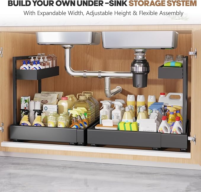 1-Pack L-Shape Expandable Under Sink Organizer with 3 Ball-Bearing Slide Rails,2-Tier Pull-Out Under Cabinet Storage Shelf for Kitchen & Bathroom,Height-Adjustable Slide-Out Cabinet Drawer-Black