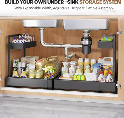 1-Pack L-Shape Expandable Under Sink Organizer with 3 Ball-Bearing Slide Rails,2-Tier Pull-Out Under Cabinet Storage Shelf for Kitchen & Bathroom,Height-Adjustable Slide-Out Cabinet Drawer-Black