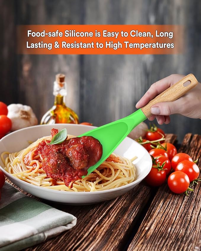 Cooking Spoon for Nonstick Cookwares, Great for Cooking and Serving Sturdy BPA-Free Matte Silicone, Wood Handle Spoon for Mixing, Scoop, and Scrape (APPLE GREEN, 11.4 inch)