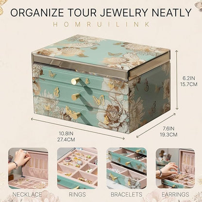High End Glass Jewelry Box - 3 Layer Jewelry Organizer - Velvet-Lined Case For Ring, Necklace, Earring, Bracelet Storage - Green Floral and Bird - Christmas Gifts For Women