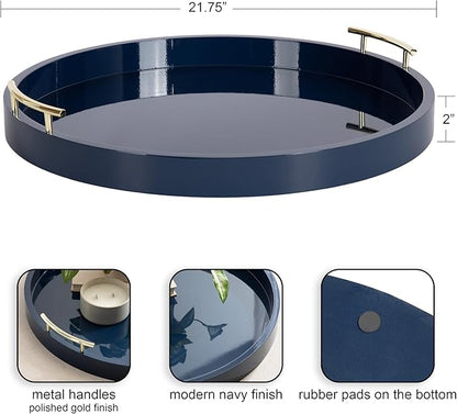 Kate And Laurel Lipton Modern Round Ottoman Tray; 22 Inch Diameter; Navy and Gold; Decorative Circle Coffee Table Tray for Living Room Decor or Large Serving Tray