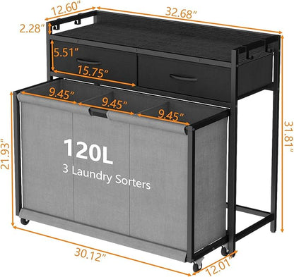 Laundry Hamper Laundry Basket with 3 Section Pull-Out Rolling Bags, Laundry Sorter for Organization and Storage with 2 Pull-Out Drawers for Laundry Room, Bathroom, Bedroom Use (Black)