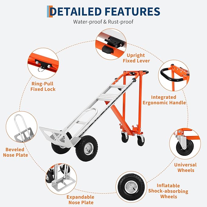 GarveeTech 3 in 1 Convertible Hand Truck Dolly, 770 LBS Load Capacity Folding Cart with Wheels, Elastic Straps, Aluminum Collapsible Dolly Cart for Home, Warehouse, Supermarket, Office