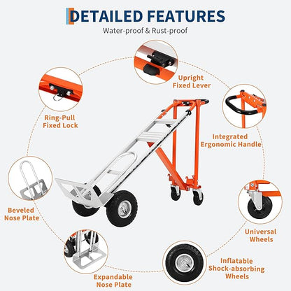 GarveeTech 3 in 1 Convertible Hand Truck Dolly, 770 LBS Load Capacity Folding Cart with Wheels, Elastic Straps, Aluminum Collapsible Dolly Cart for Home, Warehouse, Supermarket, Office