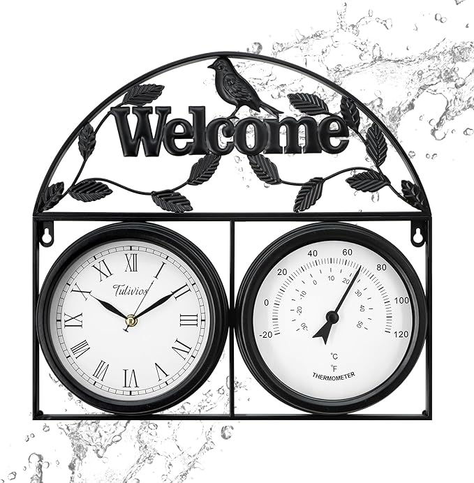 17Inch Large Outdoor Clock,Waterproof Wall Clock with Thermometer,Weatherproof Non-Ticking Quartz Battery Operated Decor Clock for Patio,Garden,Pool,Porch,House Warming Gifts