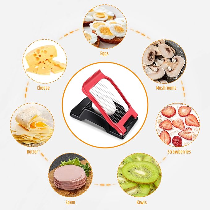 Egg Slicer for Hard Boiled Eggs, Stainless Steel Wire, Multipurpose Heavy Duty Aluminium Egg Cutter for Egg, Salads, Sandwiches, Strawberries, Mushrooms, Soft Cheese, Fruit, Black & Red