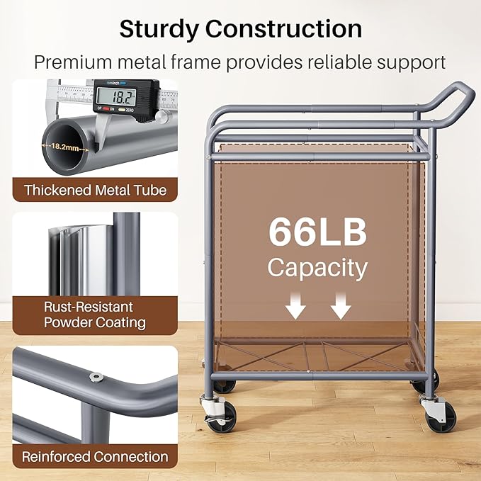Laundry Basket with Wheels,114L Large Rolling Laundry Hamper, Heavy-Duty Laundry Cart Sturdy Metal Frame with Handle, Minimizes Bending Easy Access Clothing for Bedroom, Bathroom, Laundry Room (Beige)