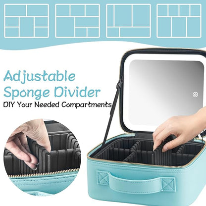 Extrei Gent Makeup Travel Train Case with Mirror LED Light 3 Adjustable Brightness Large Cosmetic Bag Portable Storage Adjustable Partition Waterproof Makeup Brushes Make up Jewelry Gift for Women