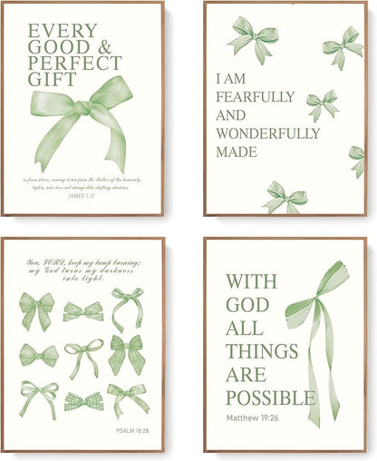 LARTSFRO Coquette Sage Green Bow Wall Art Decor Posters, Sage Green Bow Room Bedroom Bathroom Wall Art Decor Aesthetic for Teen Girls Gifts, Inspirational Bible Verses Bow Wall Decor, 12x16 Inch Set of 4 Bow Pictures Unframed