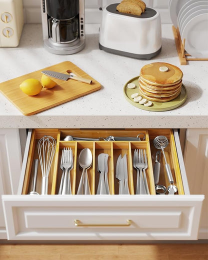 Kitsure Silverware Organizer - Expandable Bamboo Kitchen Drawer Organizer for Cooking Utensils and Cutlery, Sturdy & Thickened Kitchen Organizers and Storage Solution, Large, Natural