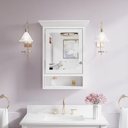 WELLFOR 24"x 32" Wall Mounted Wood Medicine Cabinet with Mirrors for Bathroom, 3-Tier Shelves and External Storage, Solid Wood Medicine Cabinet with Mirror, Anti-Fog Glass Mirror Cabinet