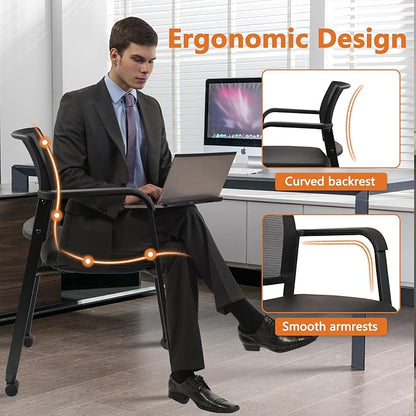 CLATINA Stacking Office Chair with Wheels, Mesh Back Waiting Room Guest Chairs with Arms Comfortable Leather Cushion Stackable Desk Chair for Conference Reception School Side Stationary, Black