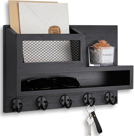 Key and Mail Holder Wall Mount, Key Hanger with Long Storage Box and 5 Hooks for Coat, Dog Leash, Home Decor Rack, House Accessories, Entry Way Organizer 11.8”W x 7.8”H x 3.2”D