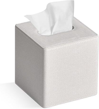 GOLRANLYE Tissue Box Cover Square PU Leather Facial Tissue Box Holder for Dresser Bathroom Decor (Linen Beige)