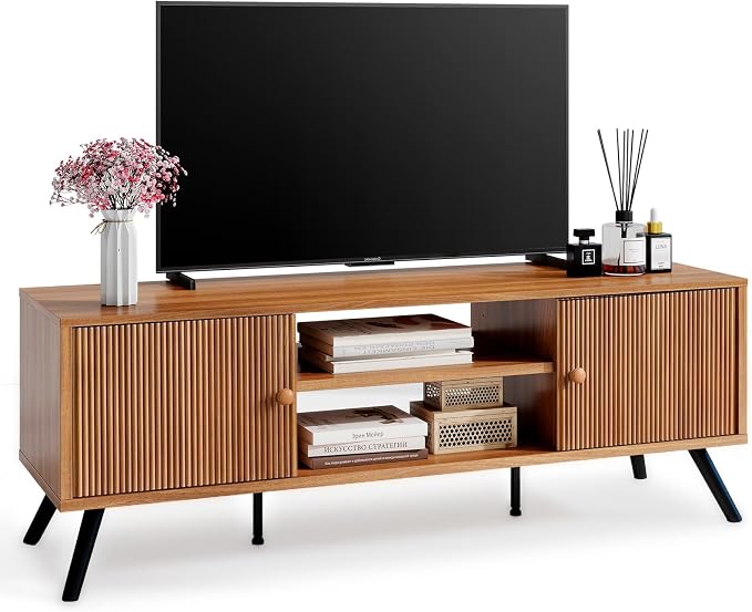 COMHOMA TV Stand for Living Room, Mid Century Modern Entertainment Center for 55/60/65 Inch TVs, Retro Brown TV Console with Fluted Door Cabinets and Open Adjustable Shelve Storage for Bedroom