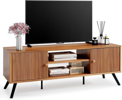 COMHOMA TV Stand for Living Room, Mid Century Modern Entertainment Center for 55/60/65 Inch TVs, Retro Brown TV Console with Fluted Door Cabinets and Open Adjustable Shelve Storage for Bedroom
