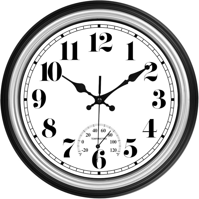 JENLYSTIME 12 Inch Indoor/Outdoor Retro Waterproof Wall Clock with Thermometer Silent Round Quartz Battery Operated Easy to Read Decorative for Kitchen Patio,Bathroom,Deck,Porch,Pool(Silver)