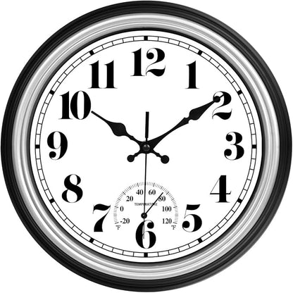 JENLYSTIME 12 Inch Indoor/Outdoor Retro Waterproof Wall Clock with Thermometer Silent Round Quartz Battery Operated Easy to Read Decorative for Kitchen Patio,Bathroom,Deck,Porch,Pool(Silver)