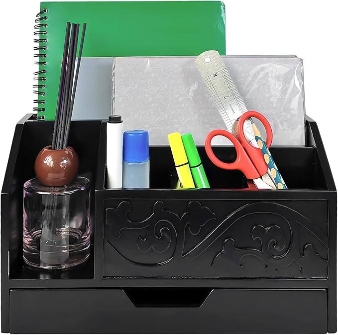 Black Wooden Mail Organizer with Drawer, Three Tiered Desk Accessories for Office Organization and Storage, Stylish Countertop Document Storage, Home/Office/Classroom Supplies (Black02)