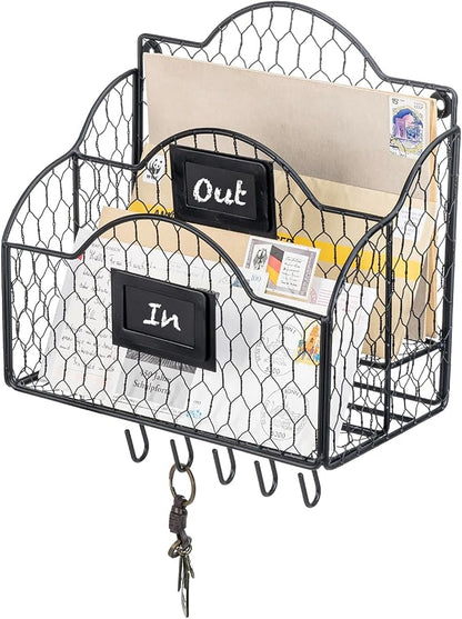MyGift 2 Compartment Mail Inbox/Outbox Sorter, Wall Mounted Modern Black Metal Wire Entryway Organizer Basket for Mails, Bills and Office Supplies with Chalkboard Labels and 5 Hanging Key Hooks