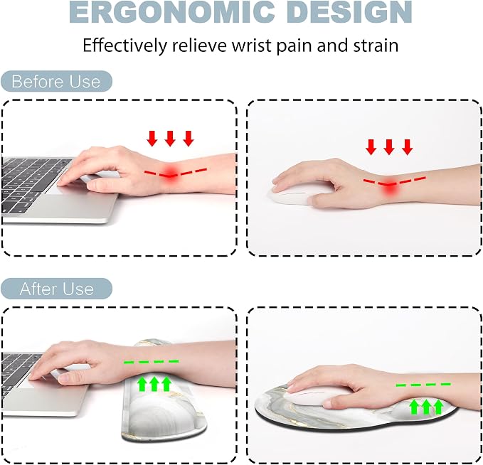 Ergonomic Mouse Pad with Wrist Rest and Keyboard Wrist Rest, Mousepad and Wrist Rest for Computer Keyboard, Pain Relief, Non-Slip Rubber Base, Mouse Pad with Wrist Support for Gaming, White Marble