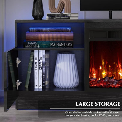 LEMBERI 70" Fireplace TV Stand for TVs up to 80", 36" Electric Fireplace 750W/1500W Entertainment Center with 20-Color LED, 300lbs Max Capacity High Gloss Storage Cabinet Console, Black