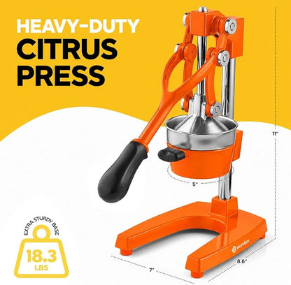 Eurolux Ultra-Premium Cast Iron Juicer | Extra-Large, Heavy Duty, Commercial Grade, Stainless Steel Manual Hand Press Citrus Squeezer For Fresh Orange Juice, Pomegranate, Lemon, and Much More (Orange)