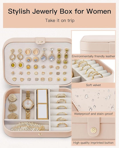 VLANDO Travel Jewelry Case, PU Leather Travel Jewelry Box with Earring Holder, Portable Display Mini Jewelry Case for Mothers Day Women Girls Gift - Nude Pink