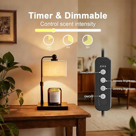 Candle Warmer Lamp with Timer, Dimmable, Adjustable Height, Modern Farmhouse Linen Shade, Black Candle Warming Lamp for Up to 6-Inch Jar Candles, 2 Bulbs Included