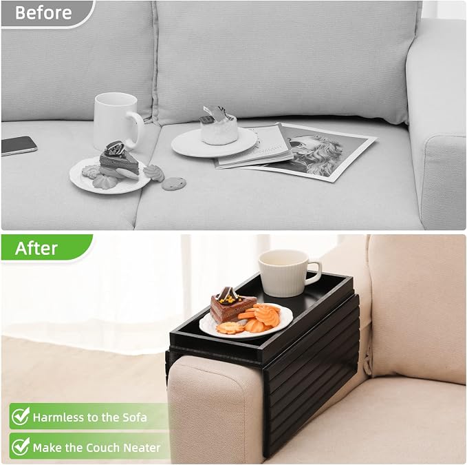 GEHE Bamboo Sofa Arm Tray, Foldable Couch Arm Tray Side Table, Anti-Falling Armrest Tables Cup Holder for Snacks, Drinks, Beers, Phone, Control, Flexible and Portable, Anti-Slip Bottom