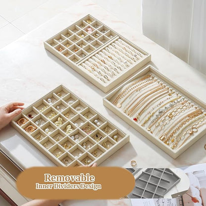 Large Velvet Jewelry Tray 2 Pack Stackable Jewelry Display Drawer Inserts Trays Organizer for Earring Bracelet Necklace Ring (Beige, 35 Grids)
