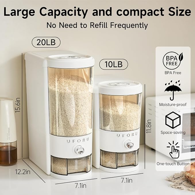 UFORU Rice Dispenser 10 lbs | Large Rice Storage Container for Kitchen&Pantry - Space-saving, Moisture & Pest-proof, BPA-Free - Dry Food Dispenser with One-Touch Dispenser & Measuring Cup for Families