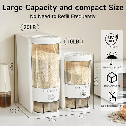UFORU Rice Dispenser 10 lbs | Large Rice Storage Container for Kitchen&Pantry - Space-saving, Moisture & Pest-proof, BPA-Free - Dry Food Dispenser with One-Touch Dispenser & Measuring Cup for Families