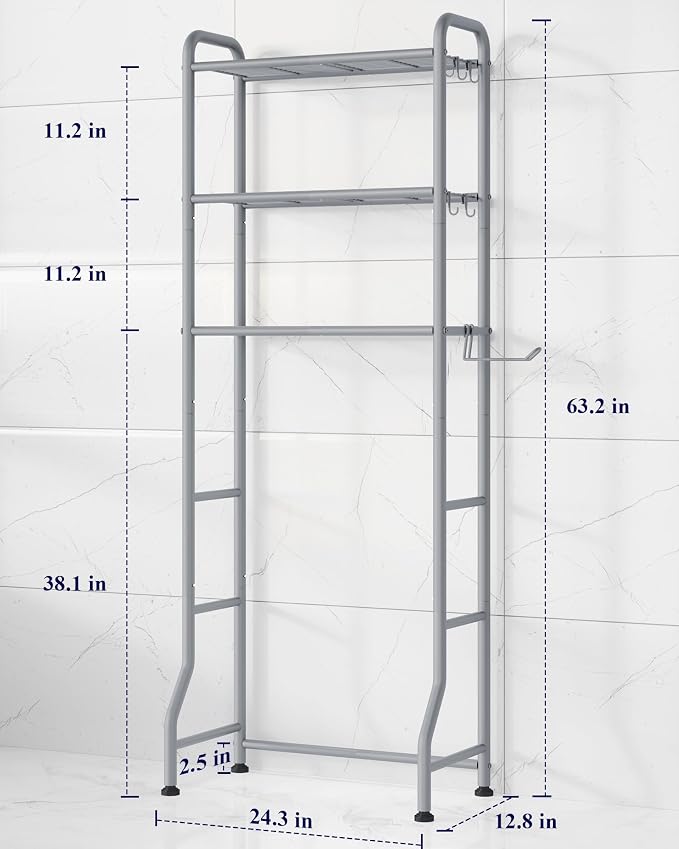 Kitsure Over Toilet Storage Rack - Metal Over Toilet Bathroom Organizer Shelf, Over the Toilet Storage Cabinet with Paper Holder and Hooks, Bathroom Cabinet for Laundry, Grey, 3 Tiers (63.2" H)