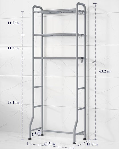 Kitsure Over Toilet Storage Rack - Metal Over Toilet Bathroom Organizer Shelf, Over the Toilet Storage Cabinet with Paper Holder and Hooks, Bathroom Cabinet for Laundry, Grey, 3 Tiers (63.2" H)
