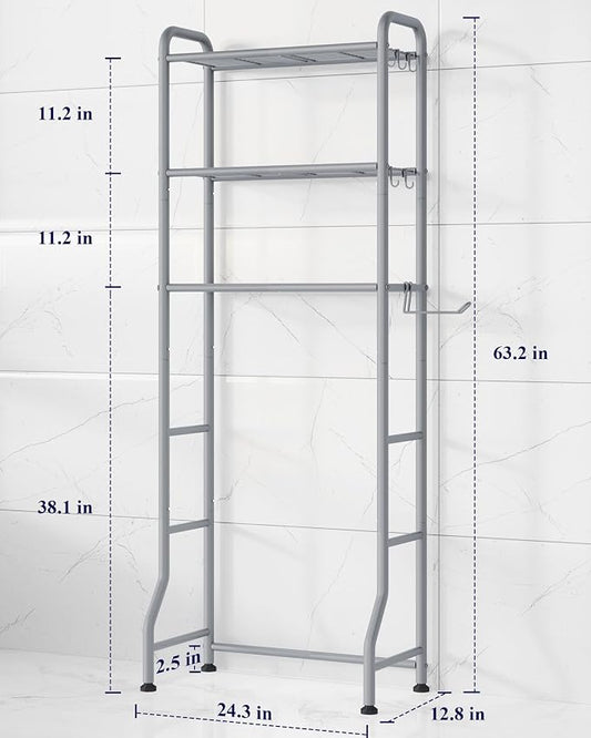 Kitsure Over Toilet Storage Rack - Metal Over Toilet Bathroom Organizer Shelf, Over the Toilet Storage Cabinet with Paper Holder and Hooks, Bathroom Cabinet for Laundry, Grey, 3 Tiers (63.2" H)