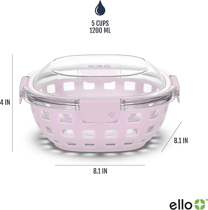 Ello DuraGlass Food Storage Glass Lunch Bowl Container - Meal Prep Container with Silicone Sleeve and Airtight Lid, 5 Cup, Cashmere Pink