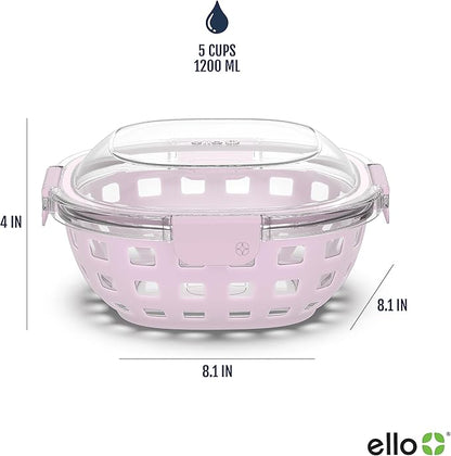 Ello DuraGlass Food Storage Glass Lunch Bowl Container - Meal Prep Container with Silicone Sleeve and Airtight Lid, 5 Cup, Cashmere Pink