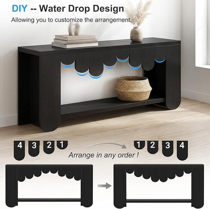 IBF Black Console Table, 63” Long Wood Entryway Table with Storage, 2-Tier Modern Sofa Table Behind Couch for Home Living Room, Rectangular Entry Table for Hallway Entrance Foyer Front Door, Black Oak