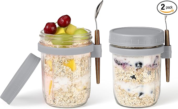 16oz Glass Mason Overnight Oats Jars, Cereal, Yogurt, Salad Lunch,Glass Overnight Oats Containers with Lids and Spoon, Container with Measurement Marks - (Grey-2Pcs)