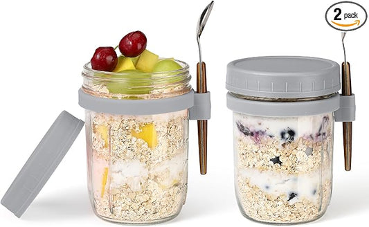 16oz Glass Mason Overnight Oats Jars, Cereal, Yogurt, Salad Lunch,Glass Overnight Oats Containers with Lids and Spoon, Container with Measurement Marks - (Grey-2Pcs)