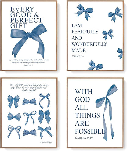 LARTSFRO Coquette Navy Blue Bow Wall Art Decor Posters, Navy Blue Bow Room Bedroom Bathroom Dorm Wall Art Decor Aesthetic for Teen Girls Gifts, Inspirational Bible Verses Bow Wall Decor, 10x8 Inch Set of 4 Pcs Bow Pictures (UNFRAMED)
