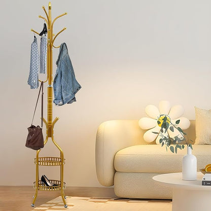 72.8in Coat Rack Freestanding 12 Hooks Coat Tree with Umbrella Holder Metal Modern Coat Hanger Stand for Entryway, Purse Rack Hat Rack Stand for Living Room Bedroom Office (Golden)