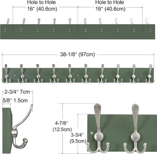 SKOLOO Creations Forest Green Solid Wood Wall Mounted Coat Rack, 10 Hooks, 38-1/8" Long - Kitchen, Mudroom, Entryway, Bathroom - Includes Mounting Hardware, Wall Coat Hanger, Towel Rack