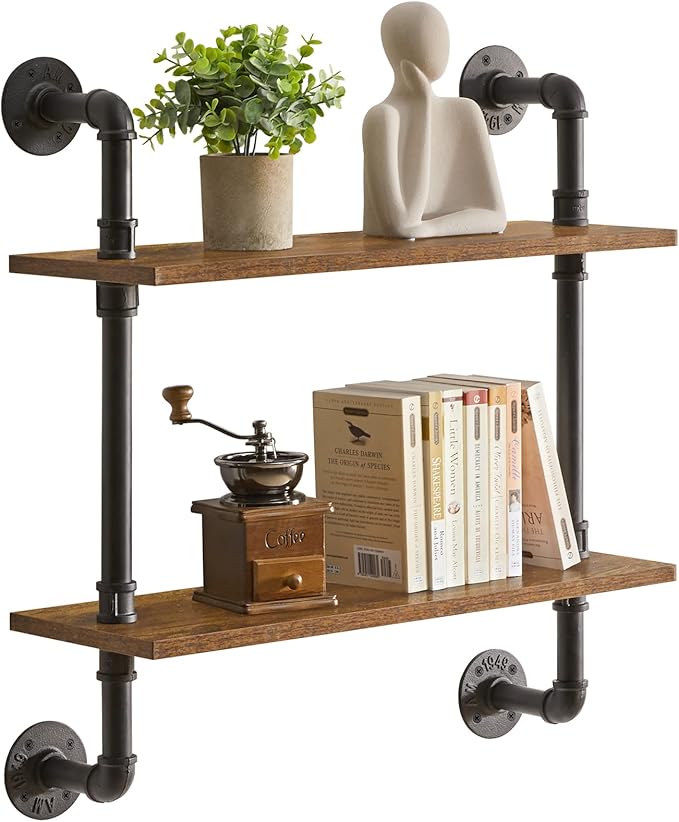 YMYNY Industrial Pipe Shelf Bracket, 2 Tiers Retro Wall Mounted Floating Shelf, Wood DIY Bookshelf, Storage Shelves for Living Room, Bedroom, 24" Farmhouse Bathroom Shelving, HD-UHRF-TM004